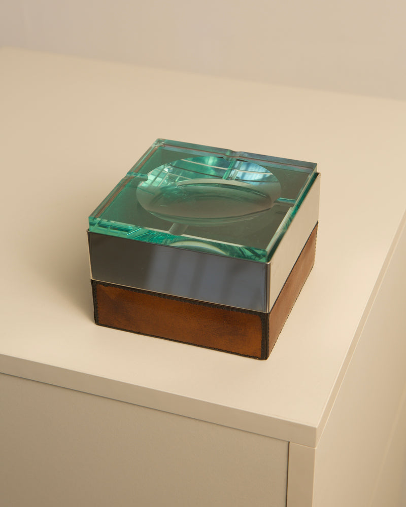 Mid-century green glass ashtray by Fontana Arte on display stand