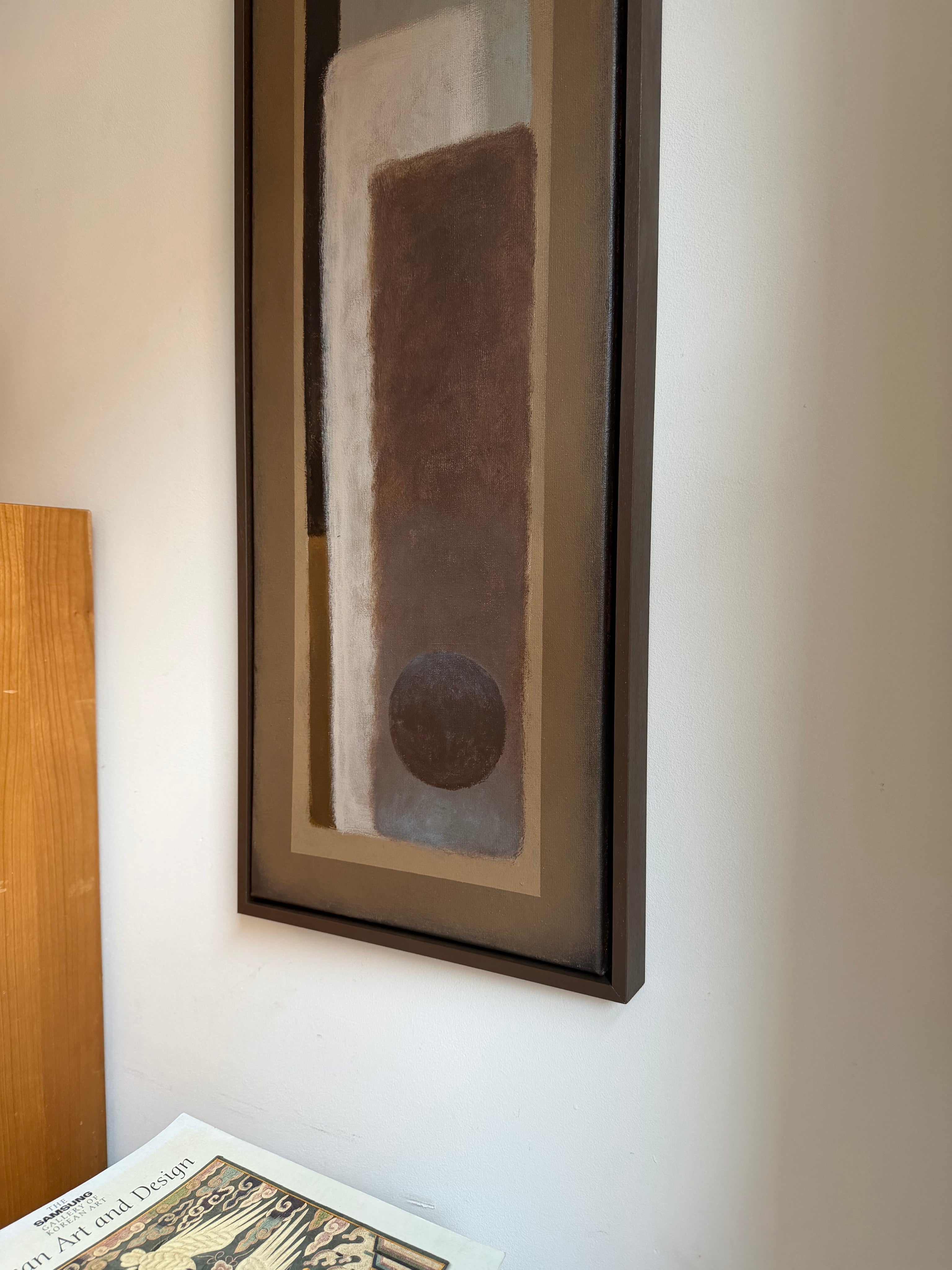 Mauve Sunset - Wood and Linen Painting — angled view on wall with wooden table