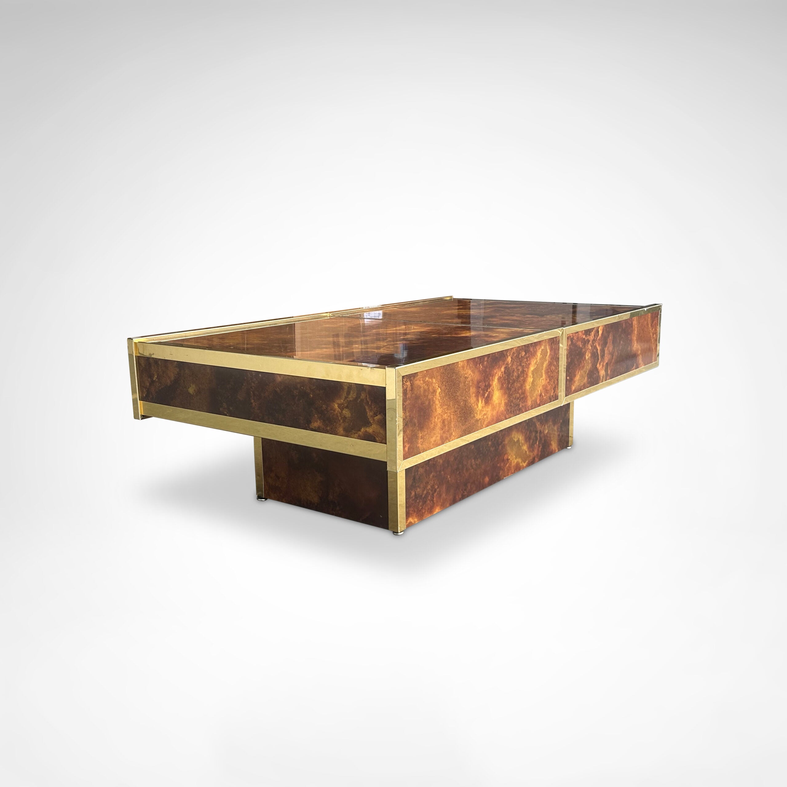 Burl Wood and Brass Coffee Table with Integrated Bar by Maison Lancel — lifestyle setting