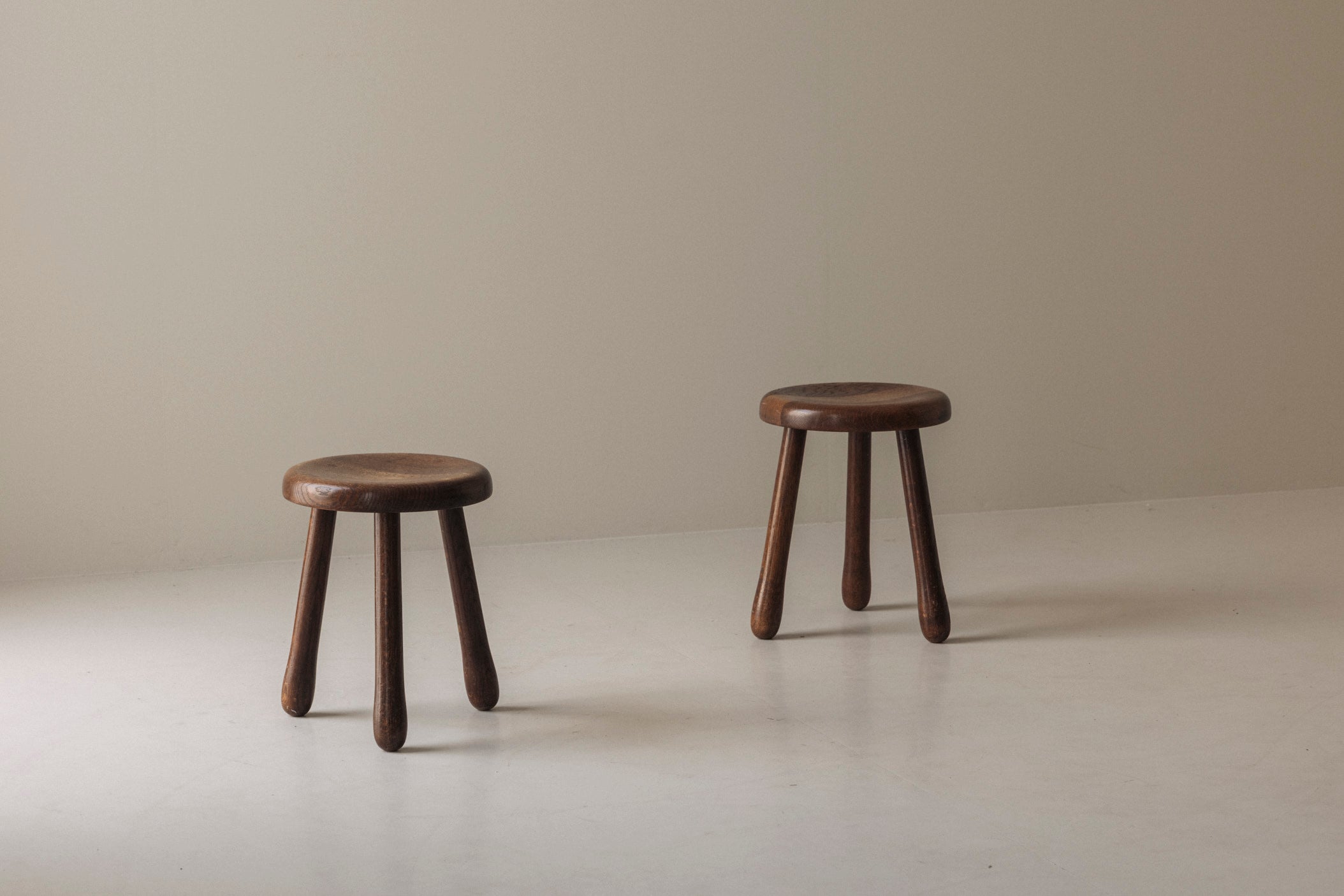 Set of Two Tripod Solid Elm Stools, France 1960s by Modern Living | The Oblist