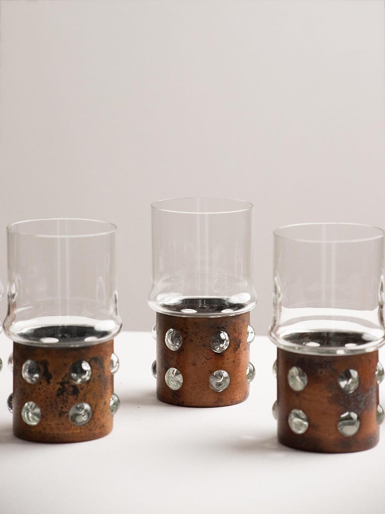 Vintage Brutalist Glass Highballs – Rusted Iron Studded Tumblers, Set of 5 — detail view