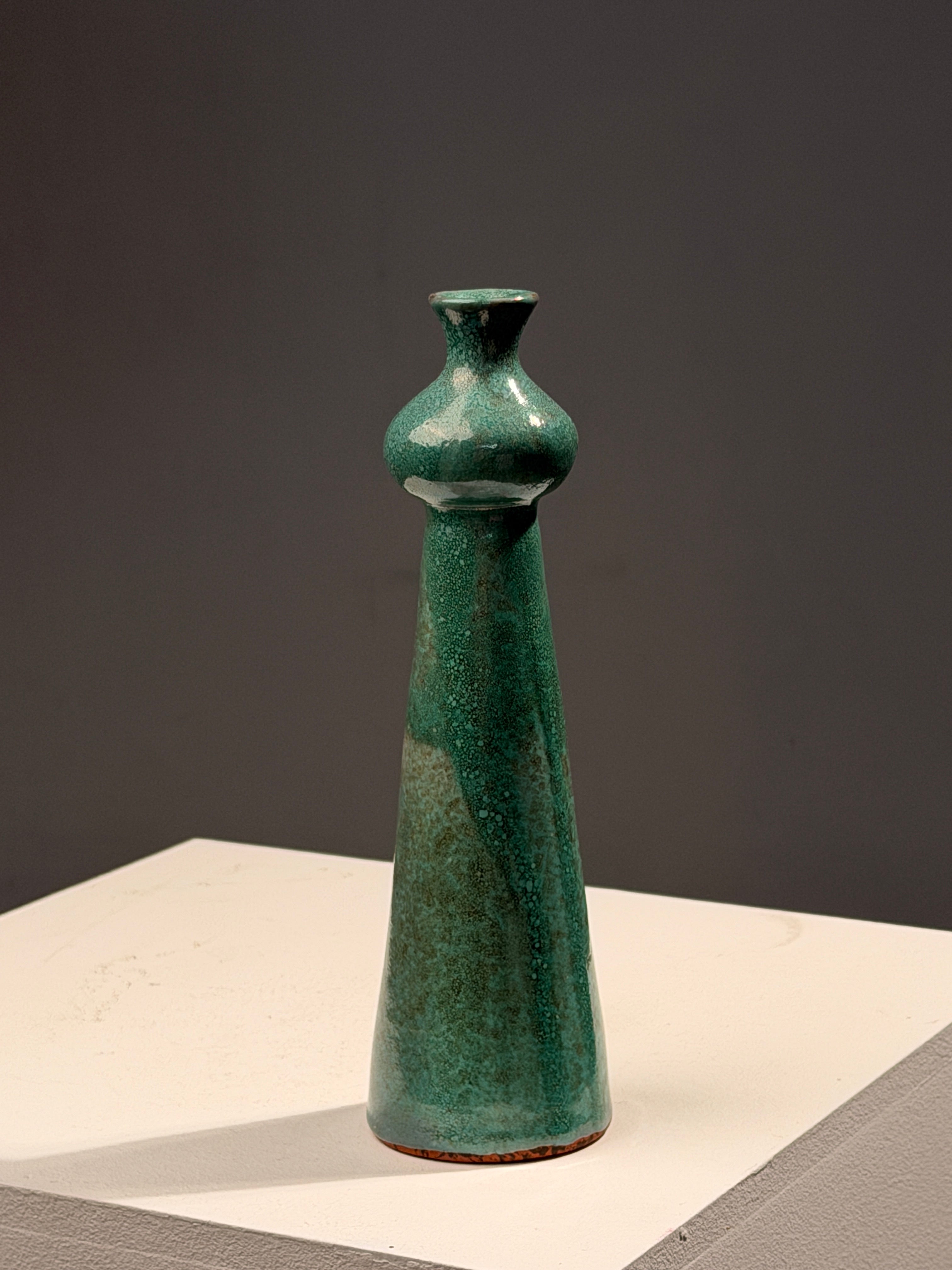 Elegant green glazed terracotta soliflore vase, circa 1960 by Figuresdesign | The Oblist