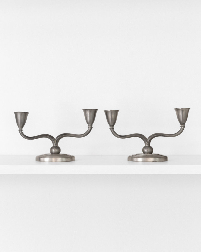 Pair of Pewter Candelabras by Just Andersen | The Oblist — vintage metal candle holders