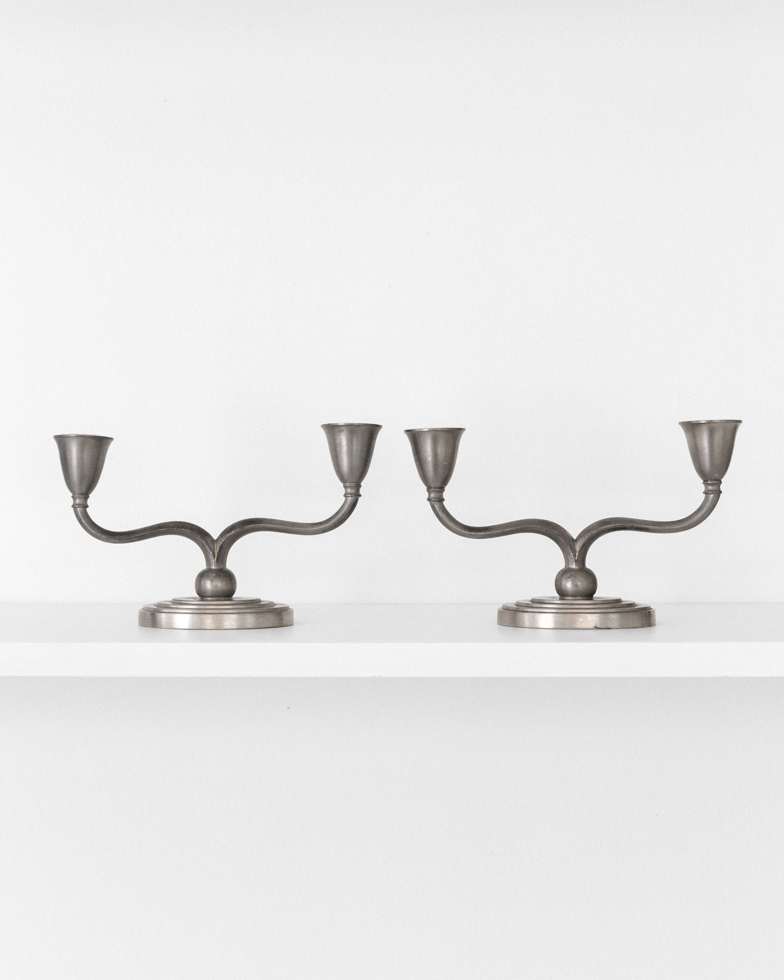 Pair of Pewter Candelabras by Just Andersen | The Oblist — vintage metal candle holders
