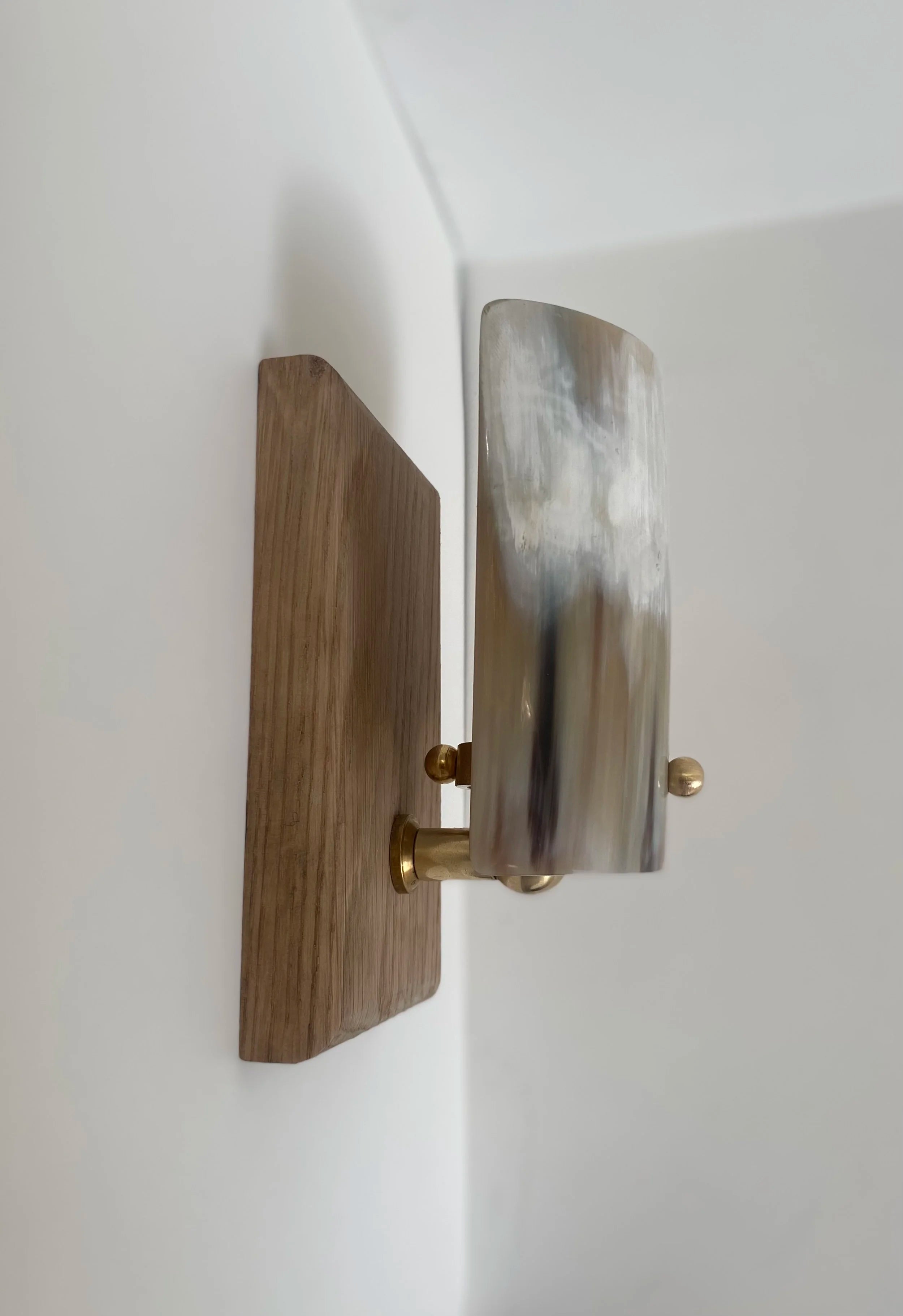 Arts and Crafts Wall Light in Oak and Horn - Horn Stud Collection — side view highlighting horn and oak materials