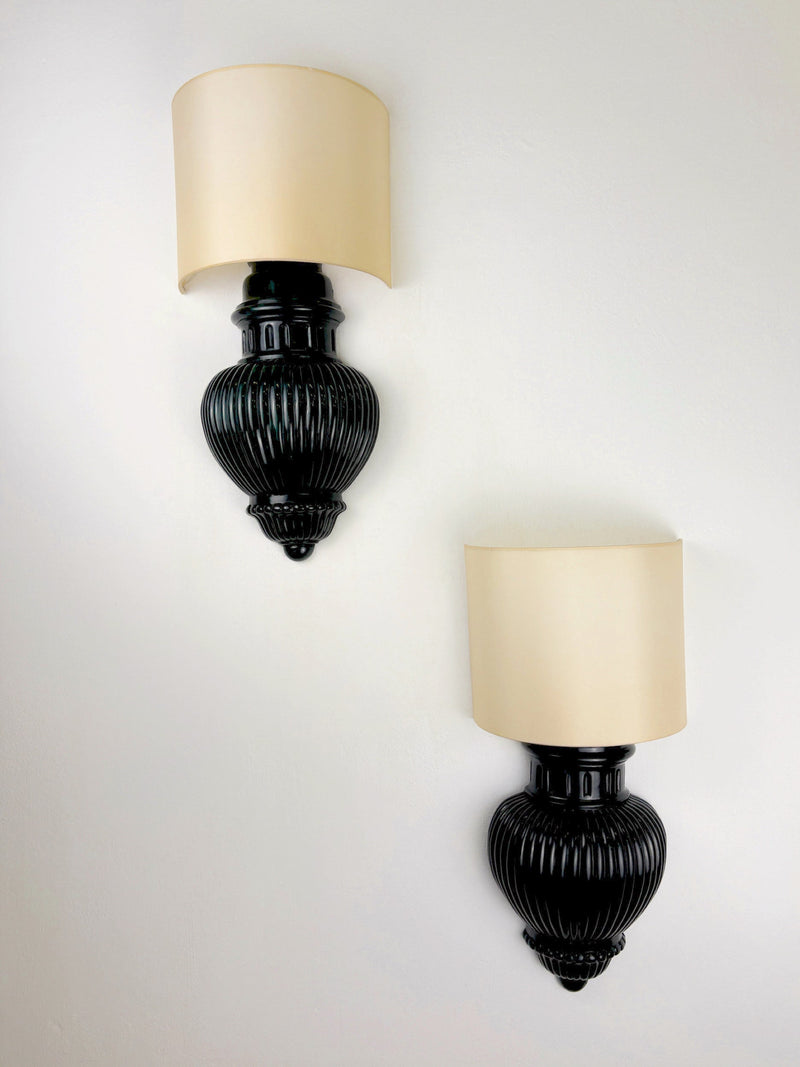 Pair of Art Deco Wall Lights with Shades in Glazed Cast Ceramic, Italy, 1970s by Malamar Studio | The Oblist