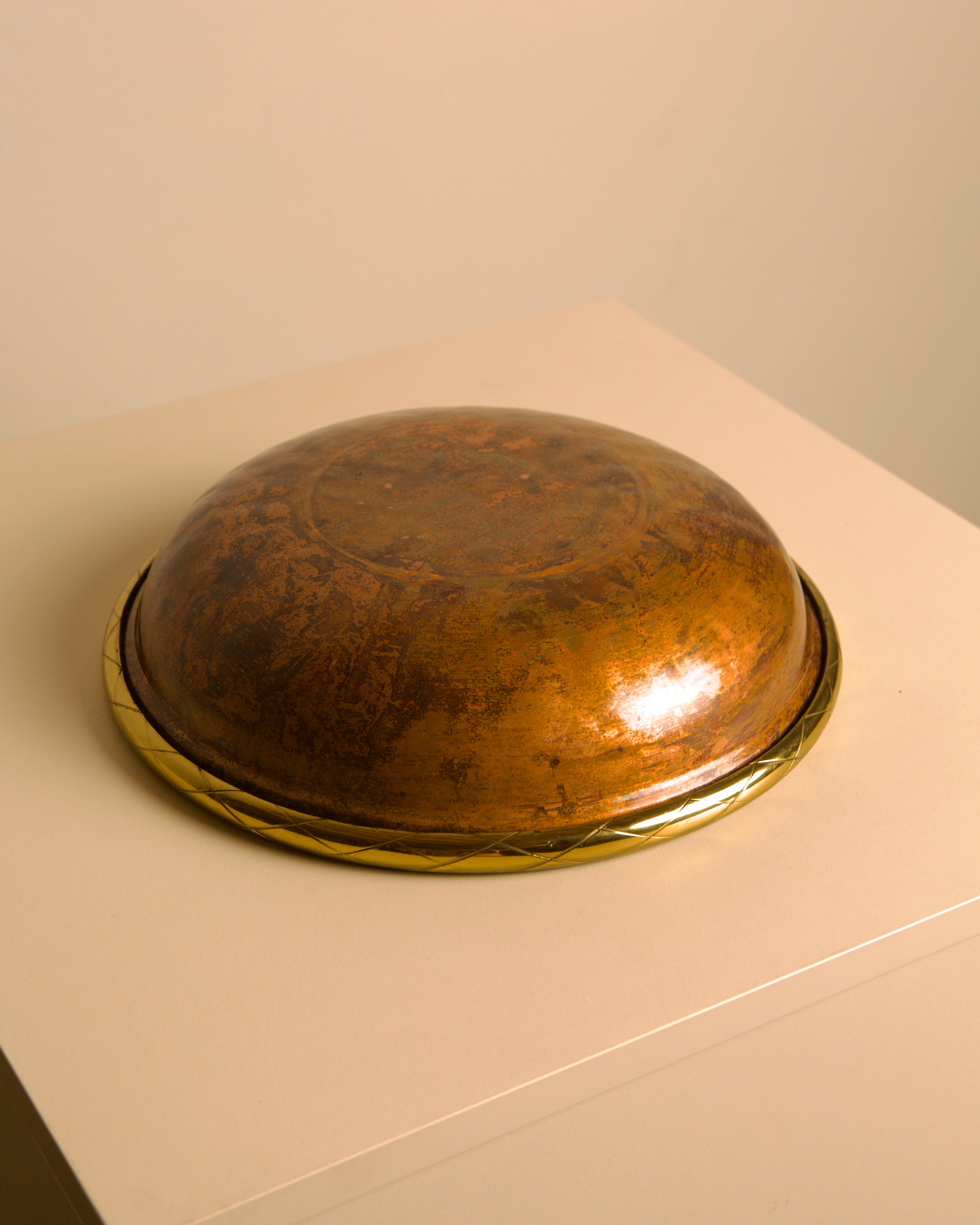 Large Italian Patinated Copper & Engraved Brass Bowl / Catchall, 1960s — close-up