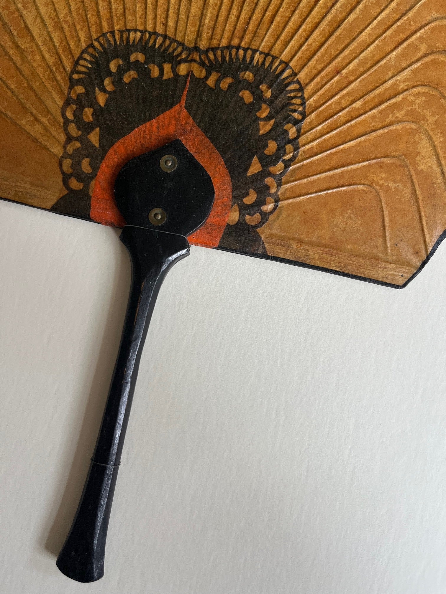 Antique Korean Fan in Frame — side view highlighting intricate detailing