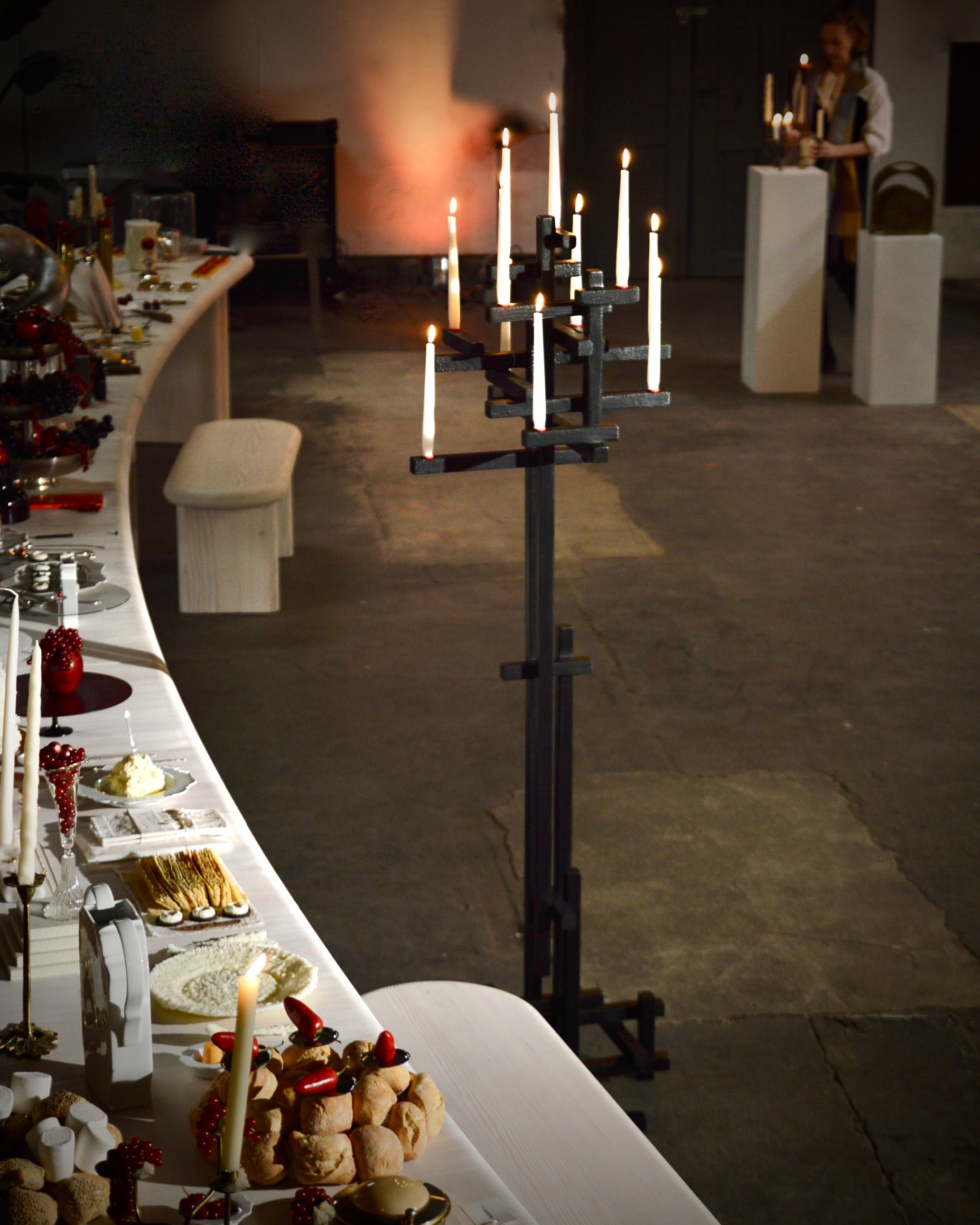 TETRIS CANDELABRUM — back view with black metal structure and candles