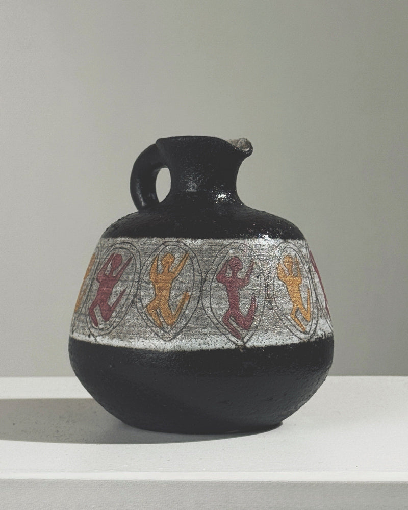 Rare French stoneware pitcher with painted motifs, Accolay 1960s