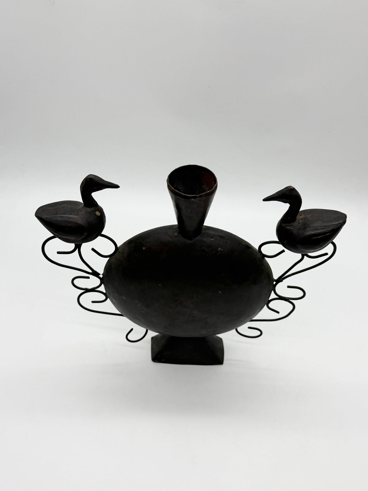 Bird-Motif Wrought Metal Vase, Handcrafted, 1960s — additional view
