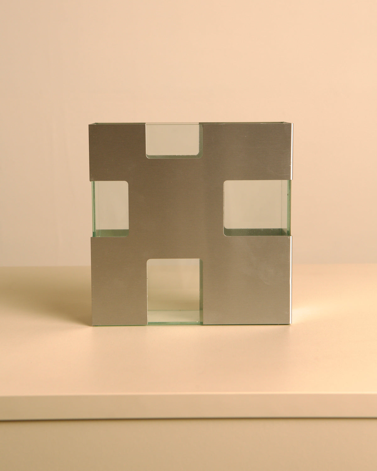 Italian brushed metal and glass vase, 1980s — detail view