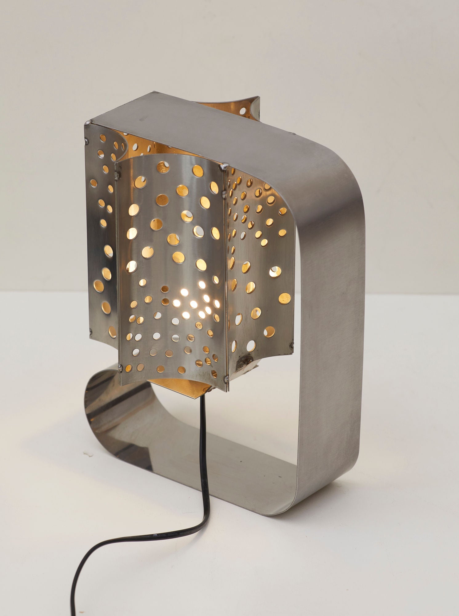 One of a Kind French Artisanal Stainless Steel Table Lamp Vintage Circa 1970 — back view showing perforated design and cord