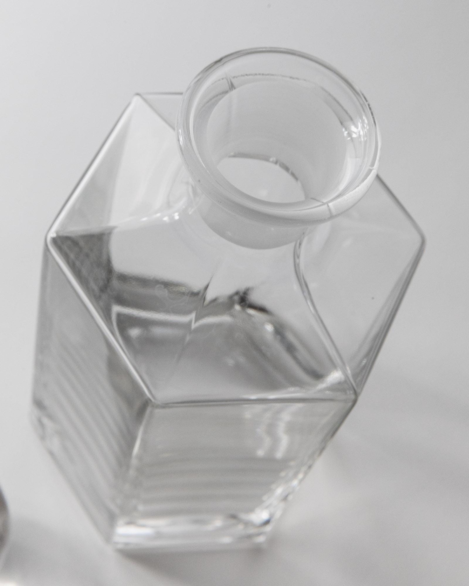 1970s Glass Decanter Set of 2 — top view of clear glass decanter