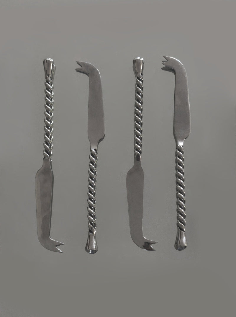 Set of 4 stainless steel cheese knives with twisted rope handles