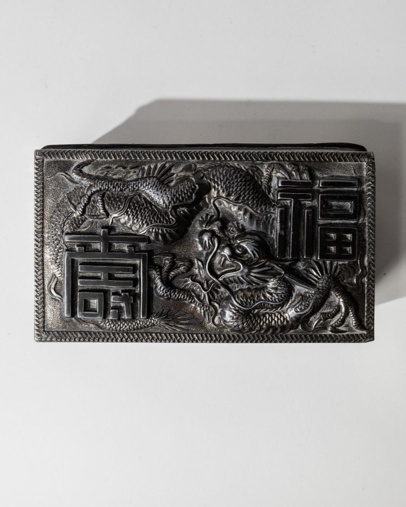 Vintage Early 19th Century Japanese Silver Plated Box Dragon Motif, Wood Inlay, Rare Jewelry or Cigarette Case, Antique Elegant Gift Idea — detail view