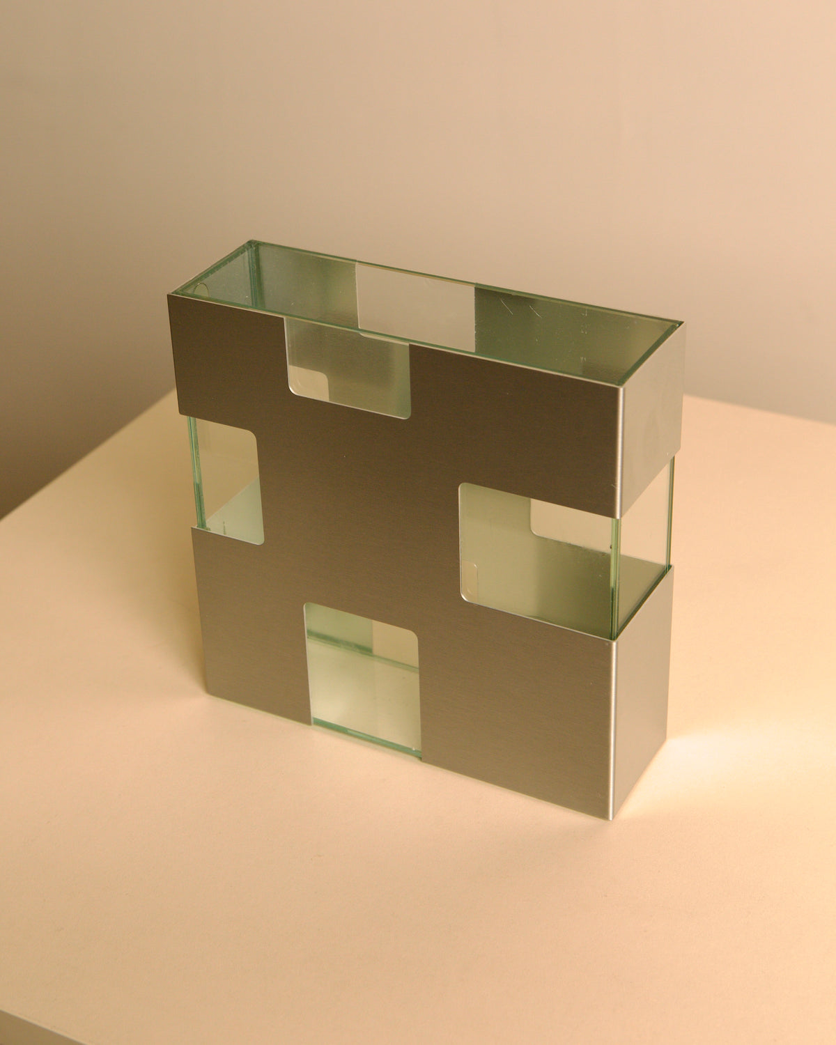 Italian brushed metal and glass vase, 1980s — alternate view