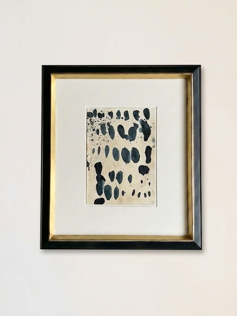 Sand and Ink Abstract on Paper in Antique Gilded Frame — front view against neutral wall