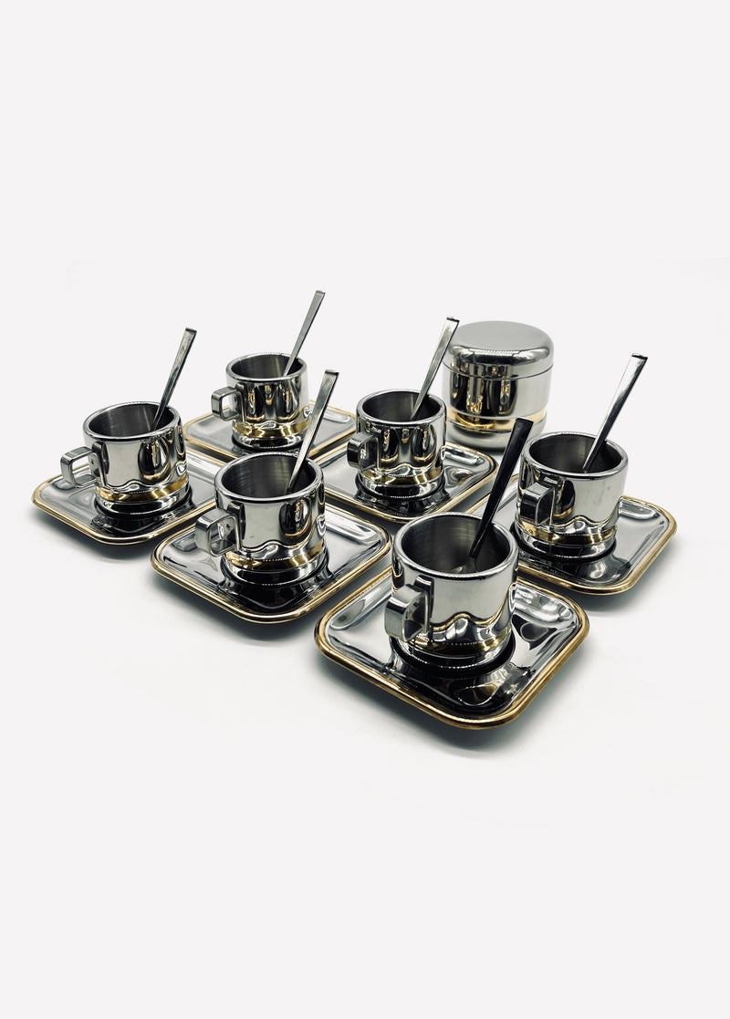 Vintage Italian stainless steel coffee cups with saucers and sugar bowl set