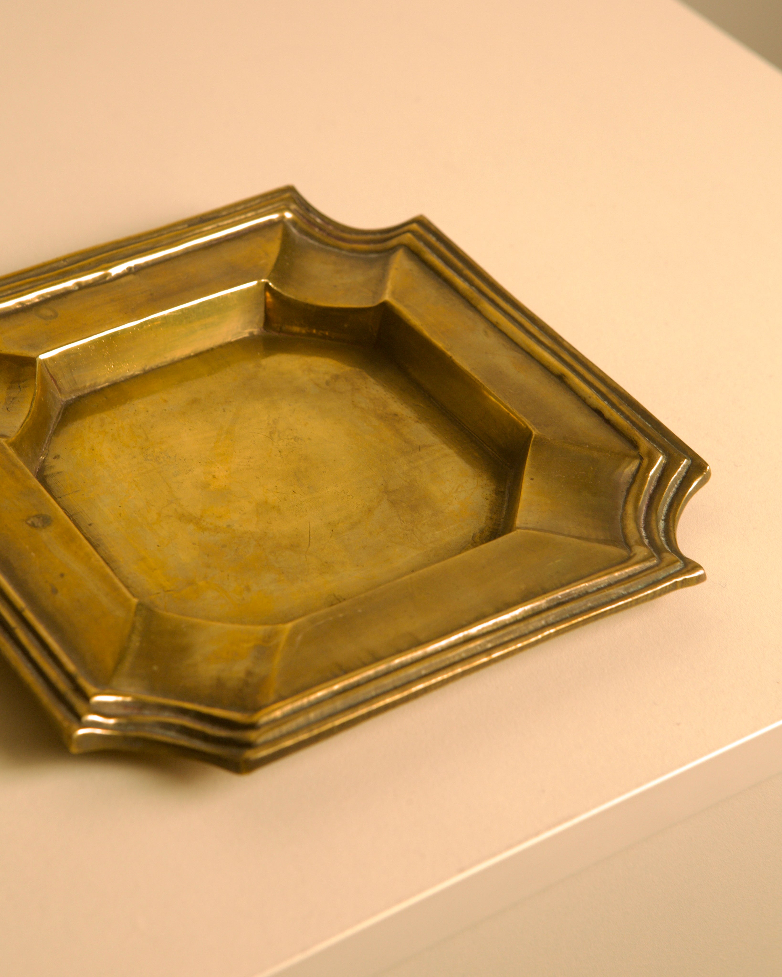 Italian "Octagonal" Brass Trinket Tray, 1960s — side angle showing tarnished brass surface