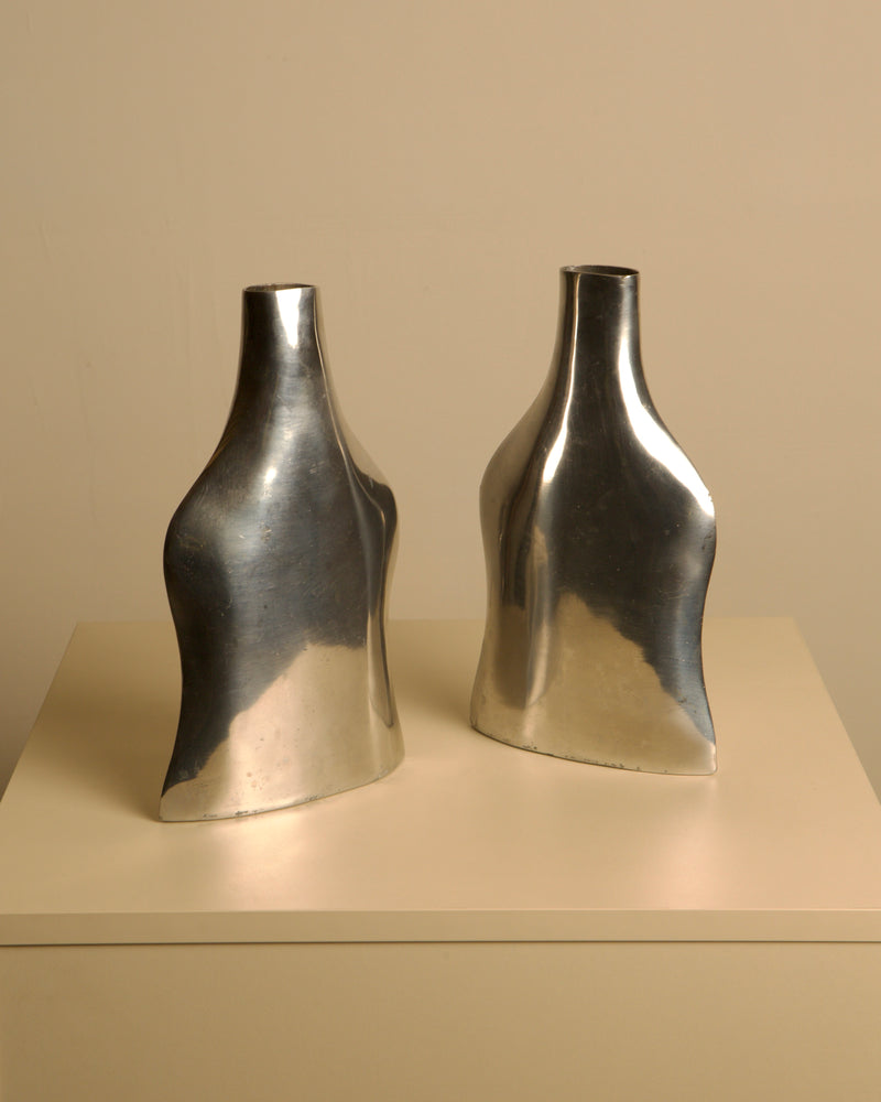 Pair of Italian Cast Aluminum Vases 1980s by Treaptyque | The Oblist — metallic silver finish