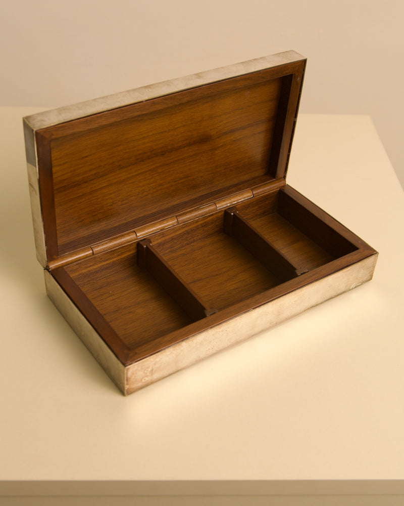 Open Italian silver lacquered box showing wooden interior compartments