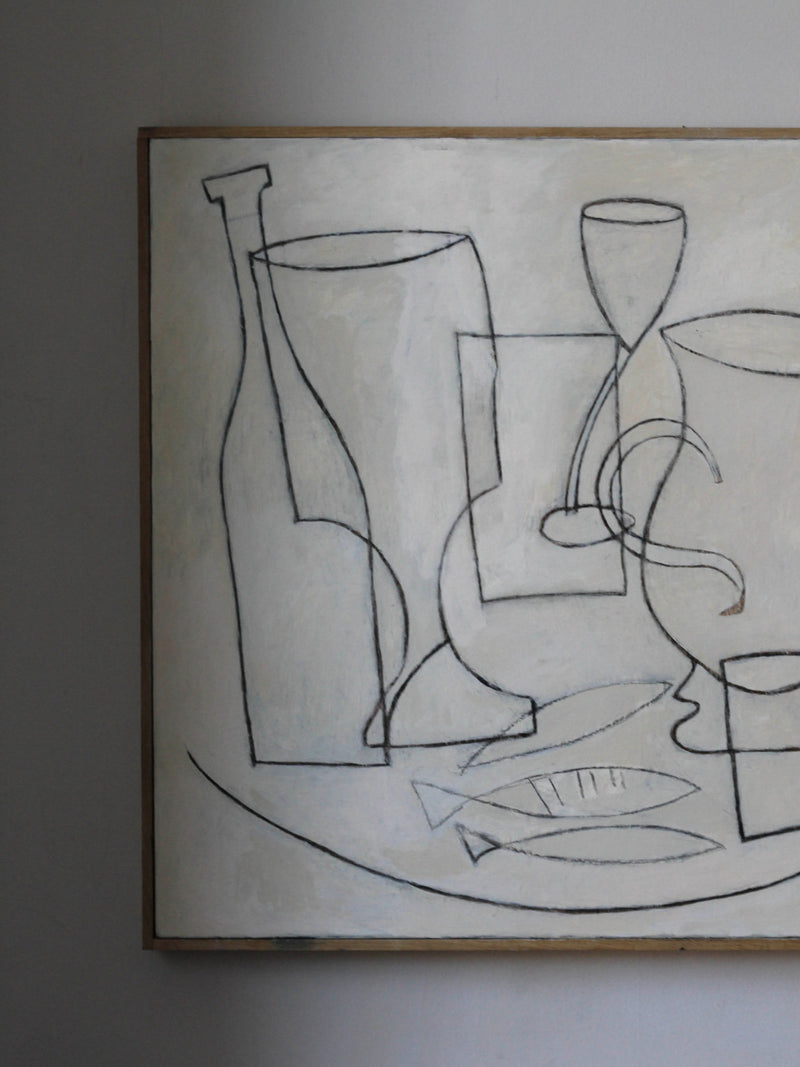 Abstract still life painting with bottles and vessels by Lara Voce