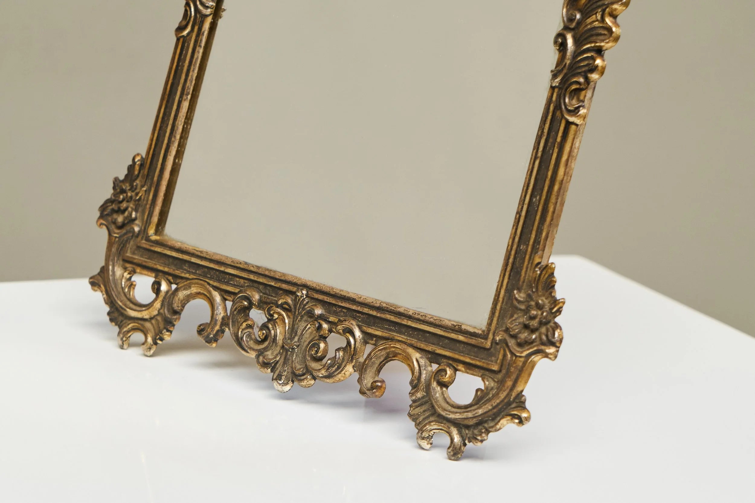 Ornate Italian Table Mirror in Patinated Silver Plated Brass, Mid 20th Century — side angle