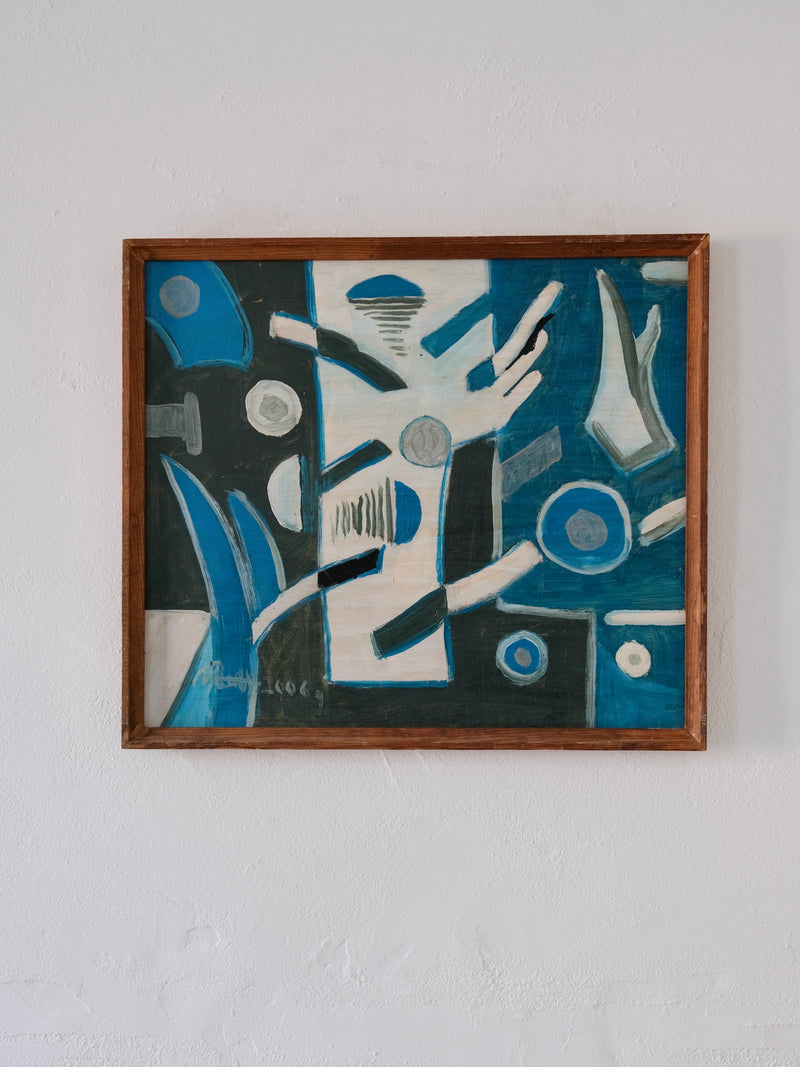 Uldis Rēdelis Blue Abstract Painting "Items", Latvia, 2006 by Veter Vintage | The Oblist — blue tones, wooden frame