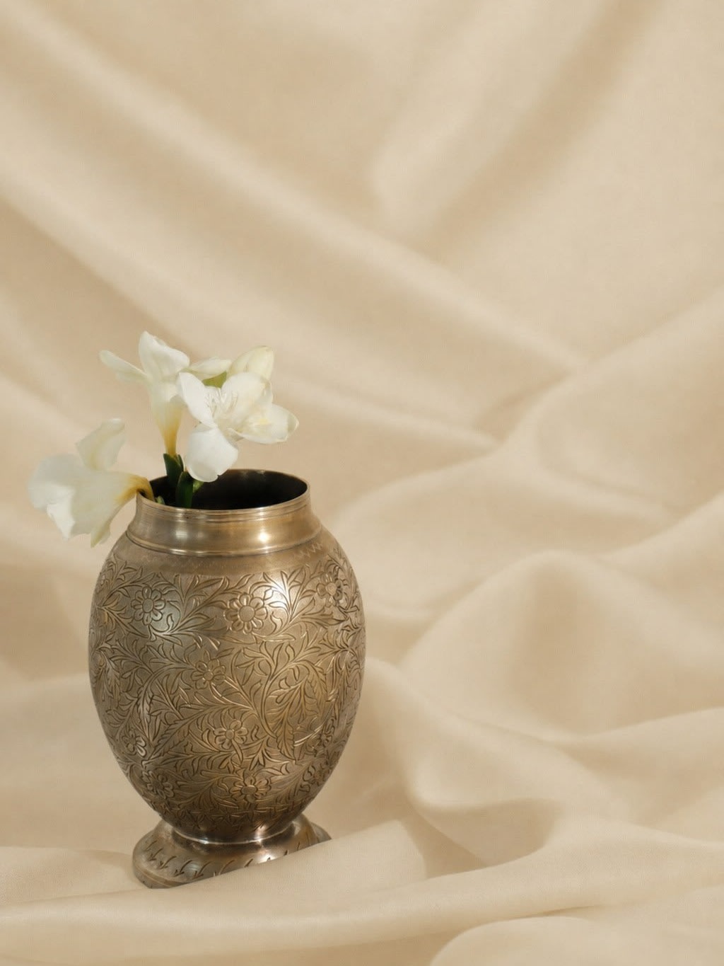 Vintage Engraved Metal Vase — detail view