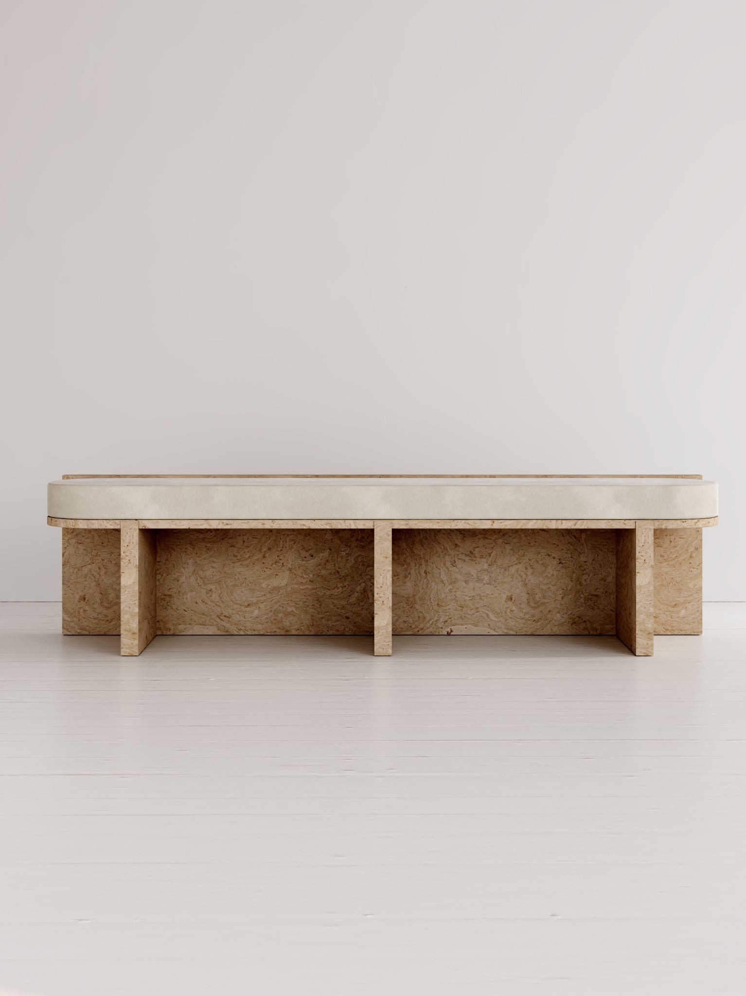 Meï 03' Bench — top view of beige upholstered seat on wooden base