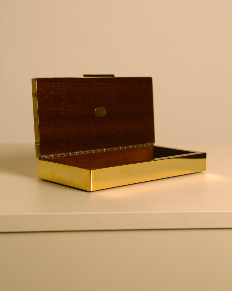 Italian Box in Gold and Silver Metal "Holywood Regency" 70s — open view showing wooden interior and brass trim