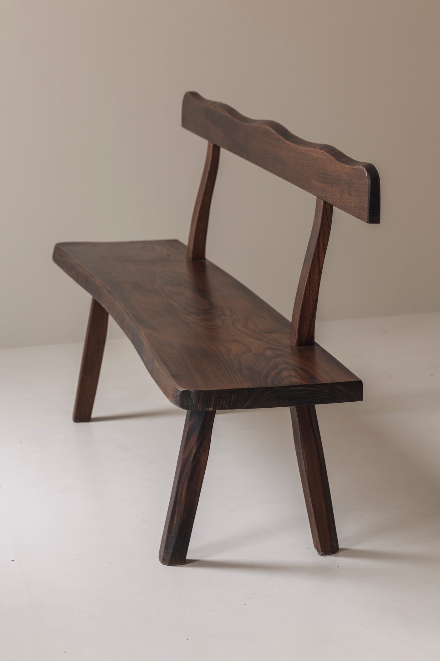 Sculptural Bench by Olavi Hanninen for Aranjou, France 1950s — back view highlighting dark wood finish