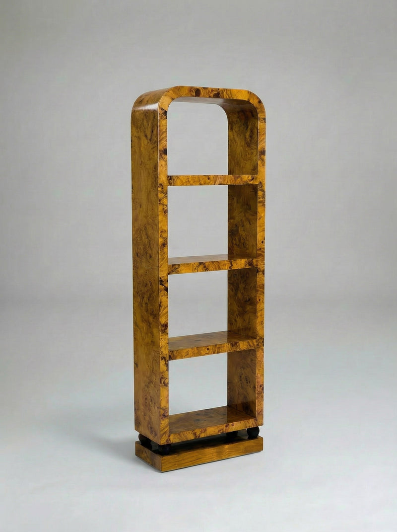 Calisto' Olive Burl Wood Bookcase — close-up of curved edges and wood grain