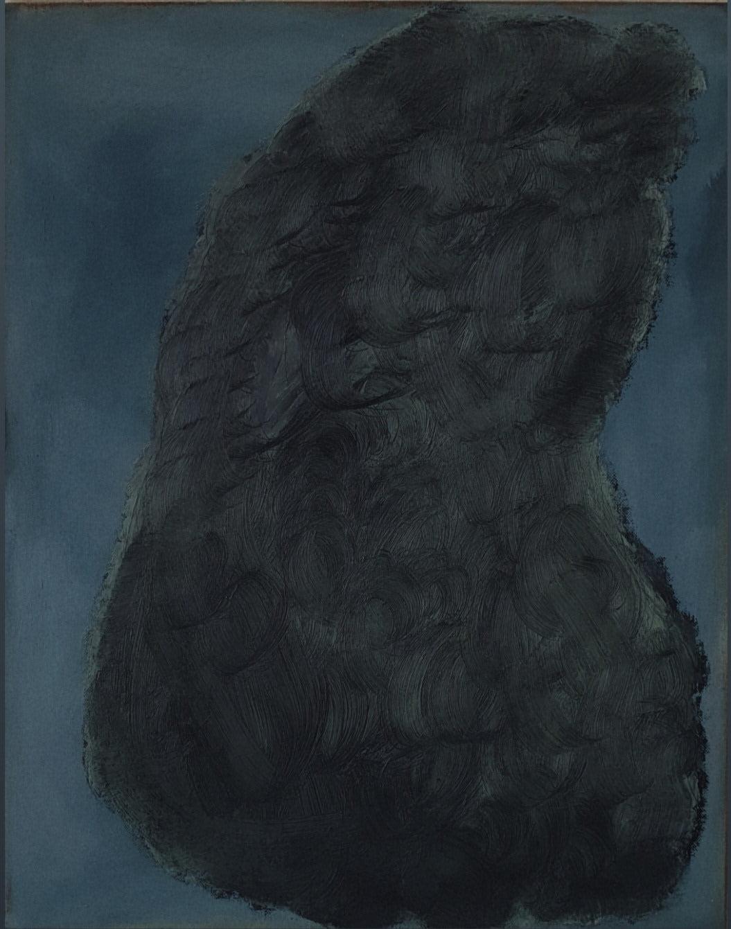 “Coraux verts bleu” by Yeliza Gevorgyan is an abstract oil painting on cotton board, featuring a large, irregular dark form with swirling textures at the center of a blue background.