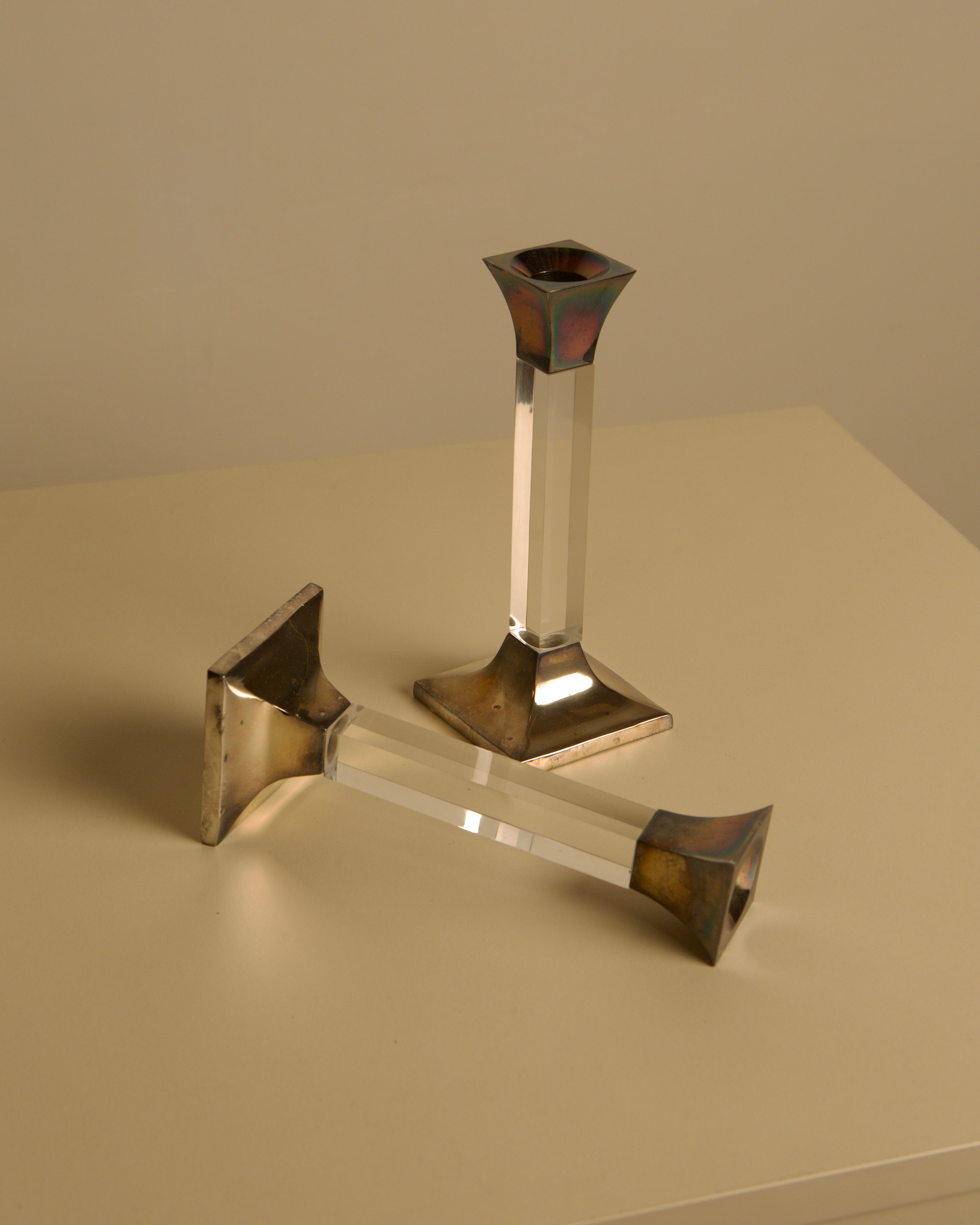 Pair of Italian Lucite and Silver Candleholders, 1960s