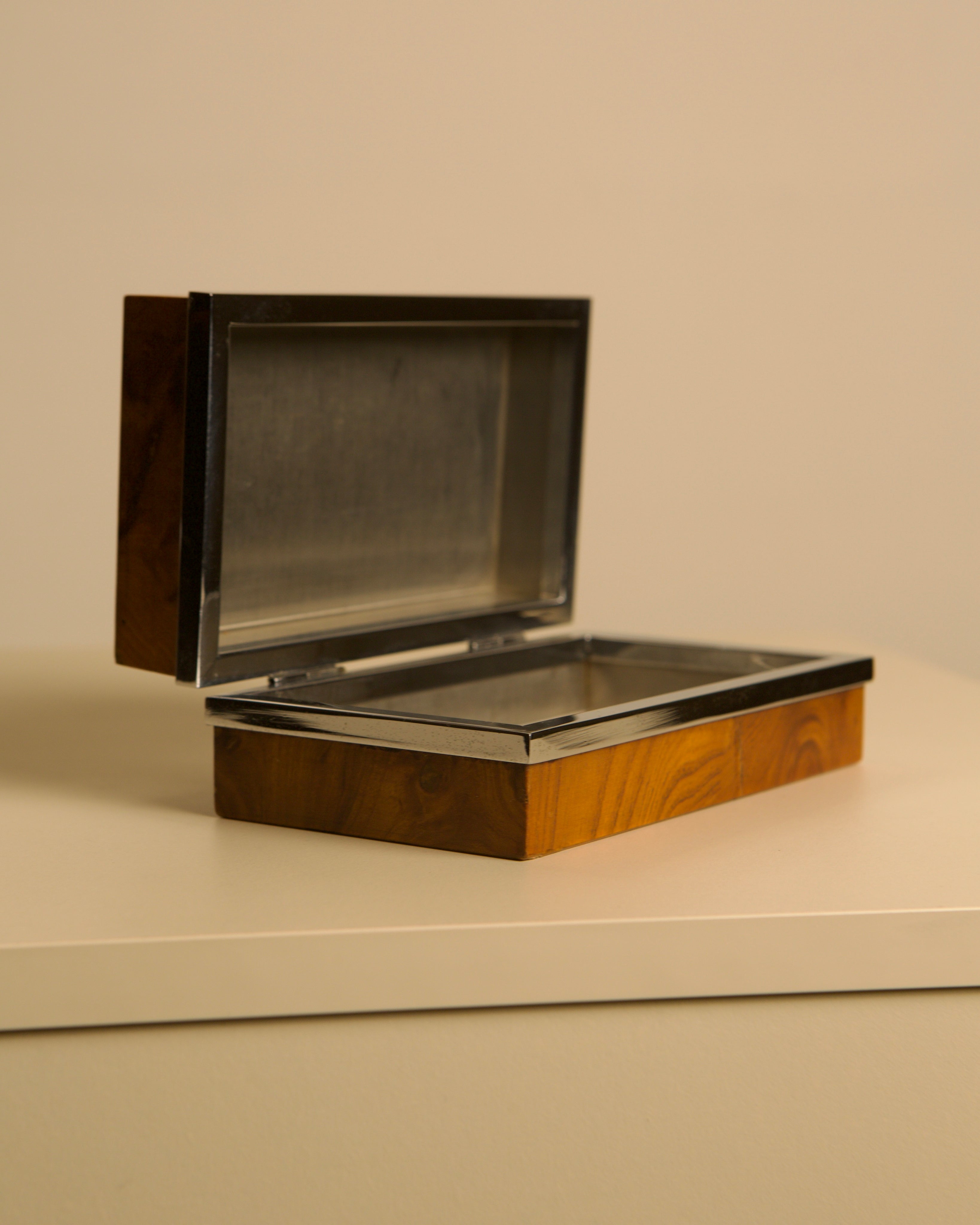 Italian box in elm wood with a metal interior, 1960s — angled view showing open lid and interior