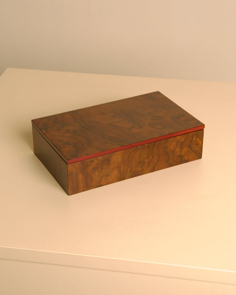 Italian burr walnut box with red interior 80s by Treaptyque | The Oblist — vintage handcrafted wood box