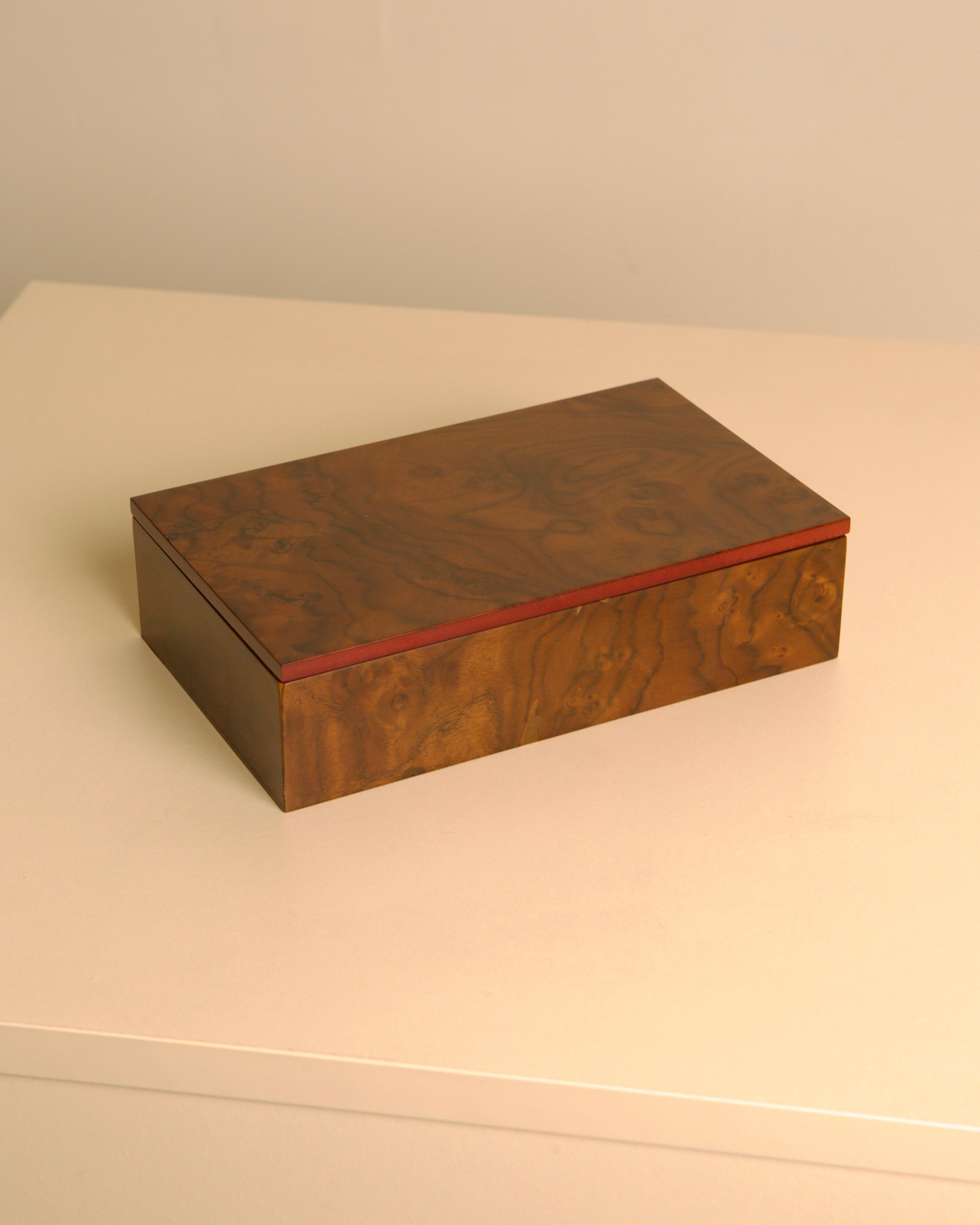Italian burr walnut box with red interior 80s by Treaptyque | The Oblist — vintage handcrafted wood box