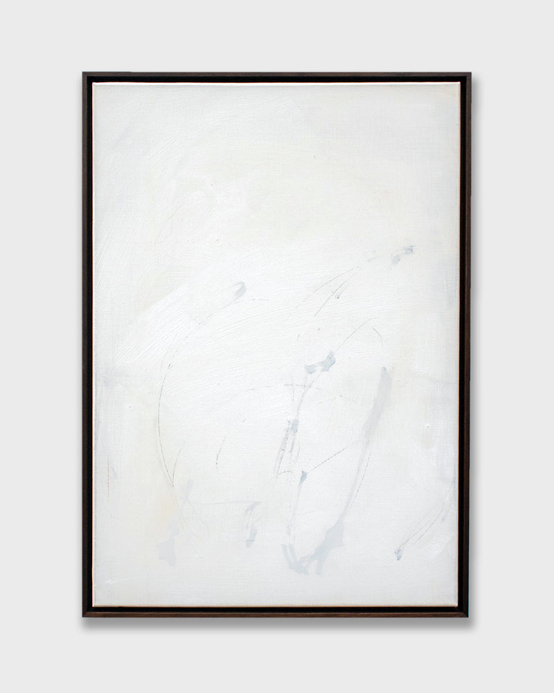 Abstract white mixed media painting with subtle grey brushstrokes