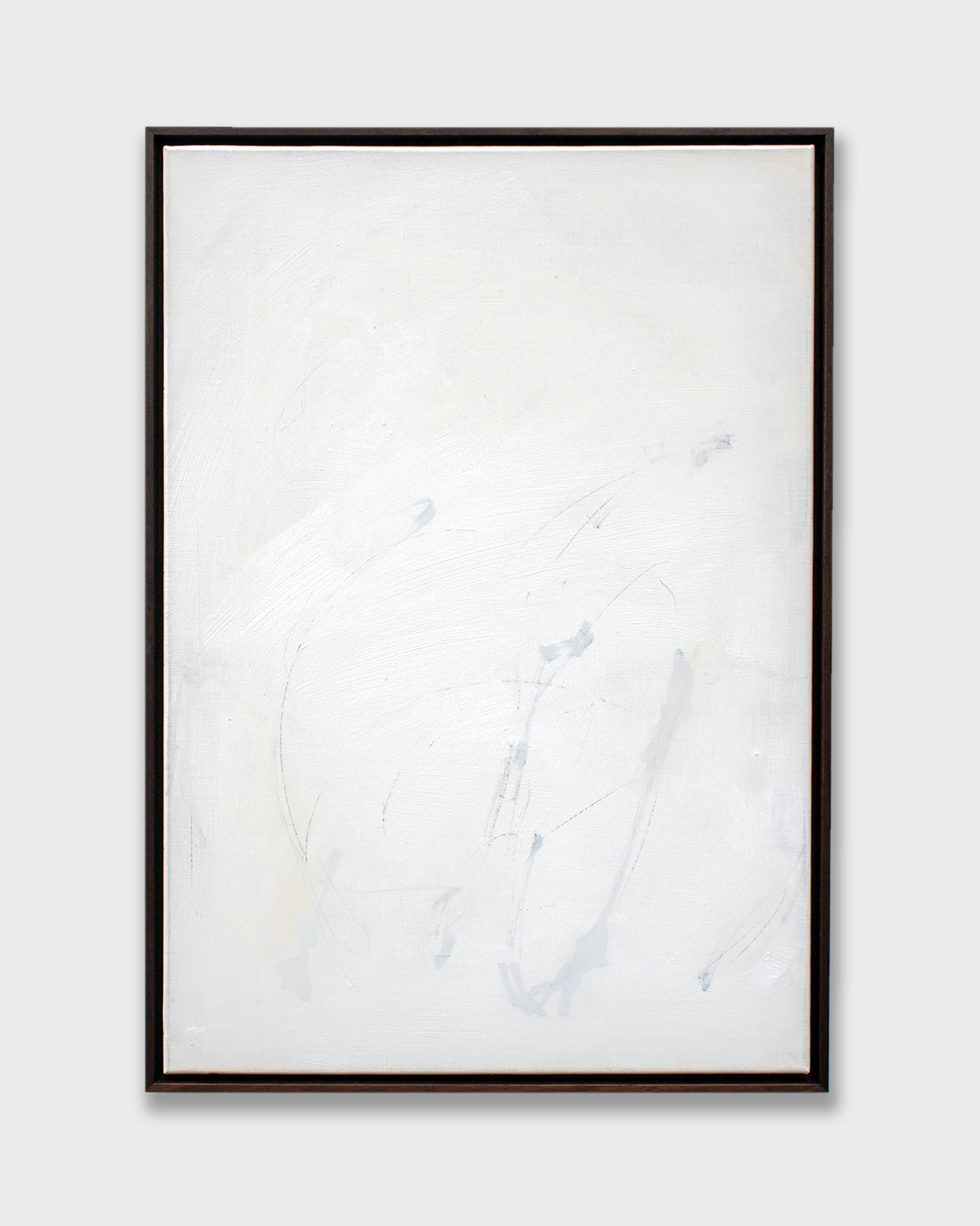 Abstract white mixed media painting with subtle grey brushstrokes