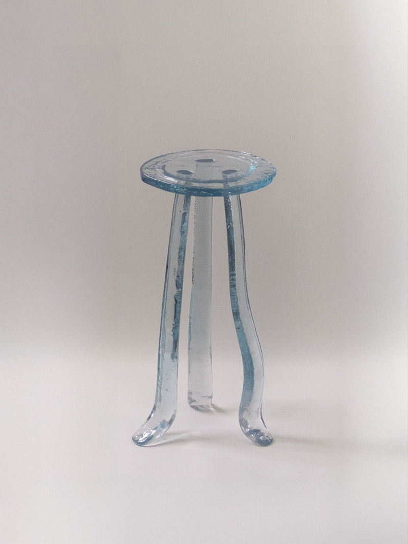 Lung 1.0 blue glass side table with curved tripod legs by Szymon Keller
