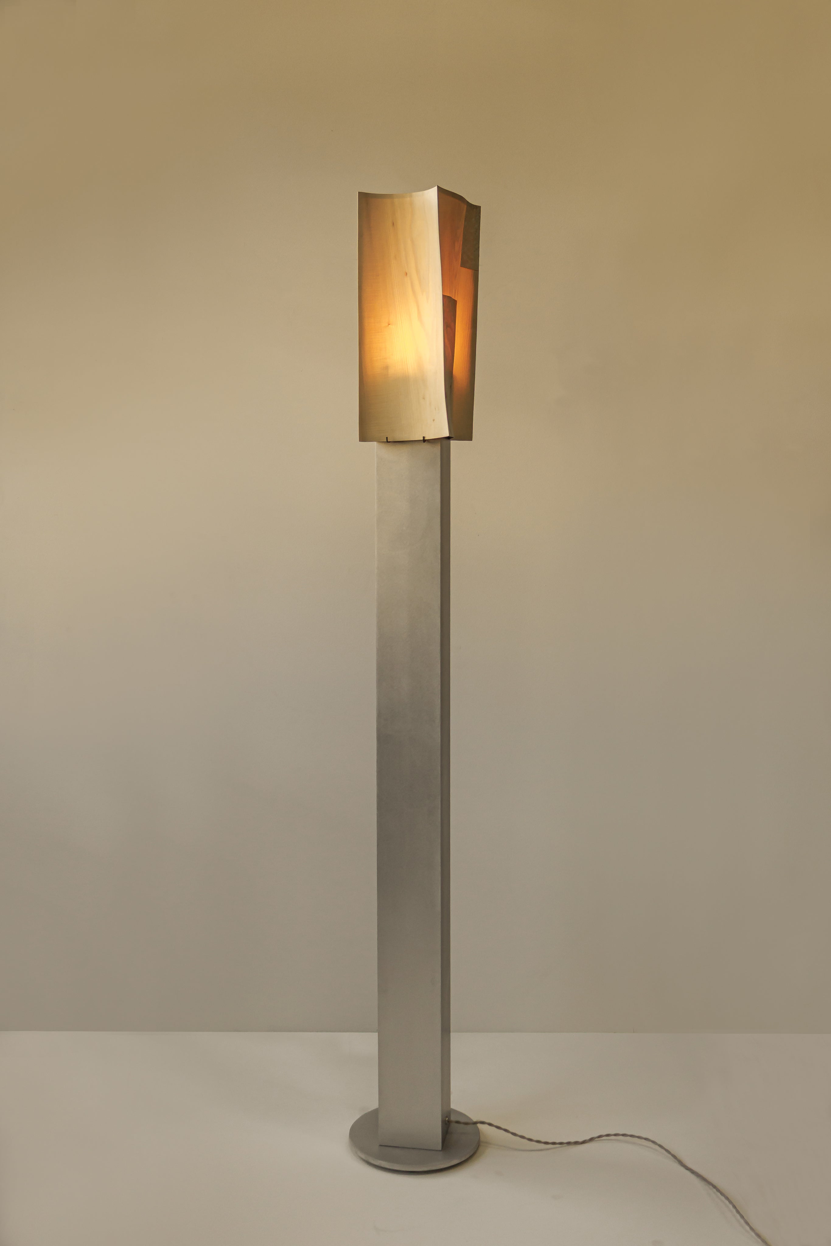Soft Ply Floor Lamp Series — close-up of wooden shade with warm light