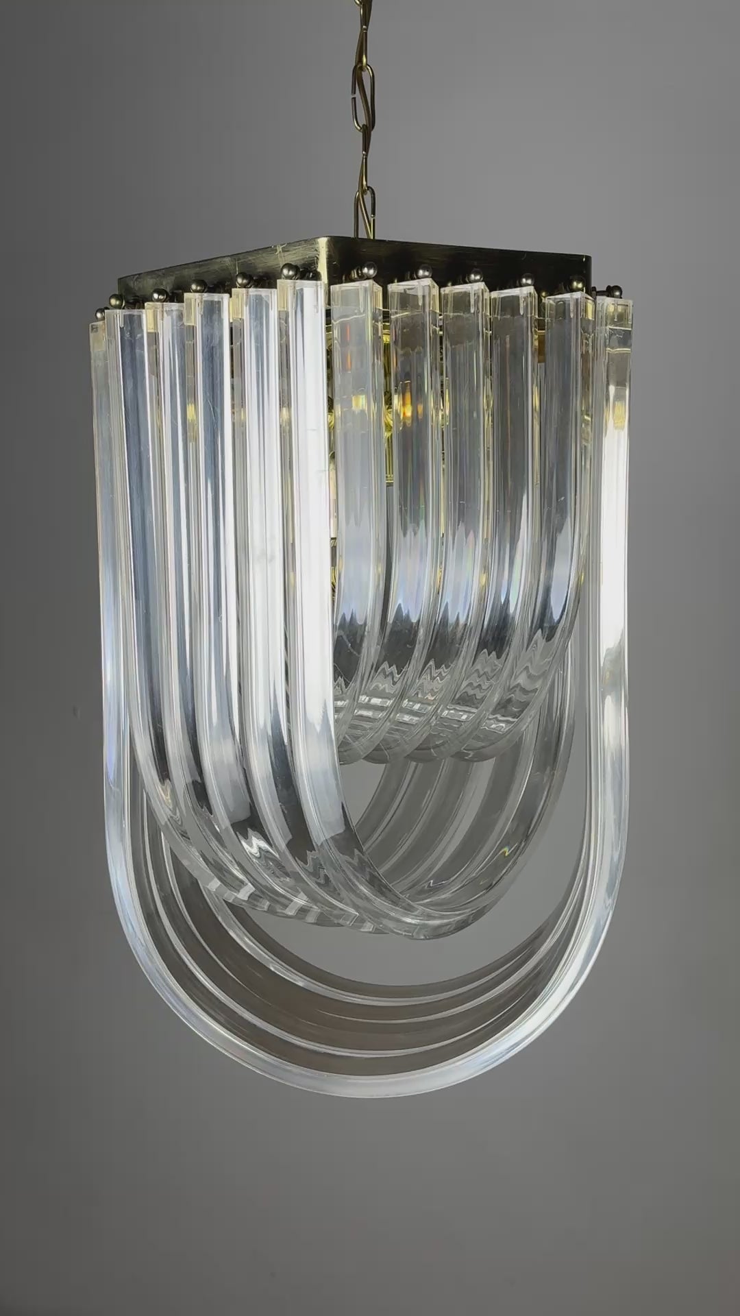 Long Mid-Century Curved Lucite Ribbon Chandelier in Brass, Italy
