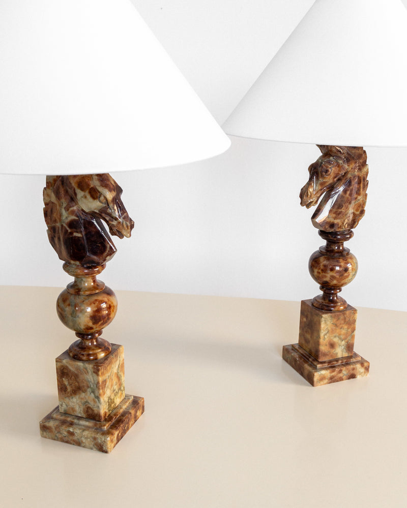 Pair of Large Alabaster Horse Head Table Lamps, Italy, 1970s — close-up of horse head detail and base