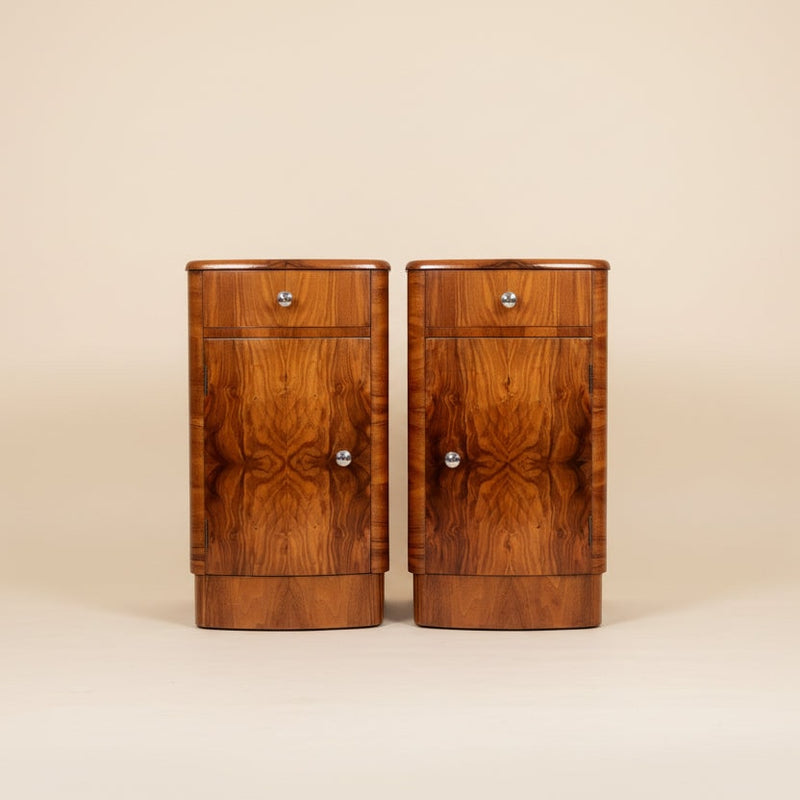 Pair of Art Deco Burr Walnut Bedside Cabinets c. 1930–1940 by Maud Vaughan | The Oblist — vintage walnut finish