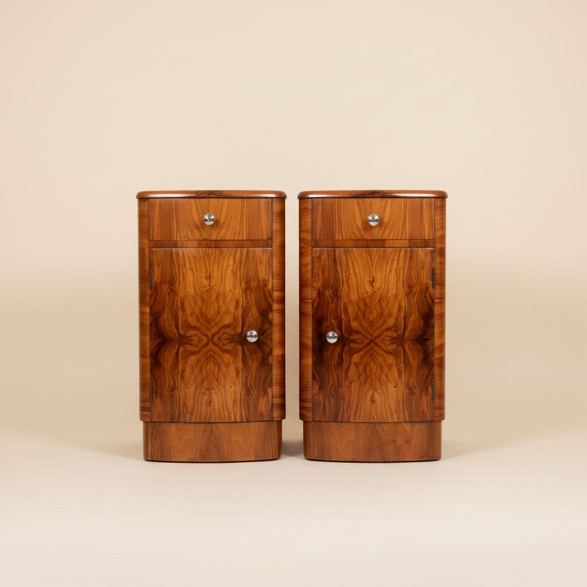 Pair of Art Deco Burr Walnut Bedside Cabinets c. 1930–1940 by Maud Vaughan | The Oblist — vintage walnut finish