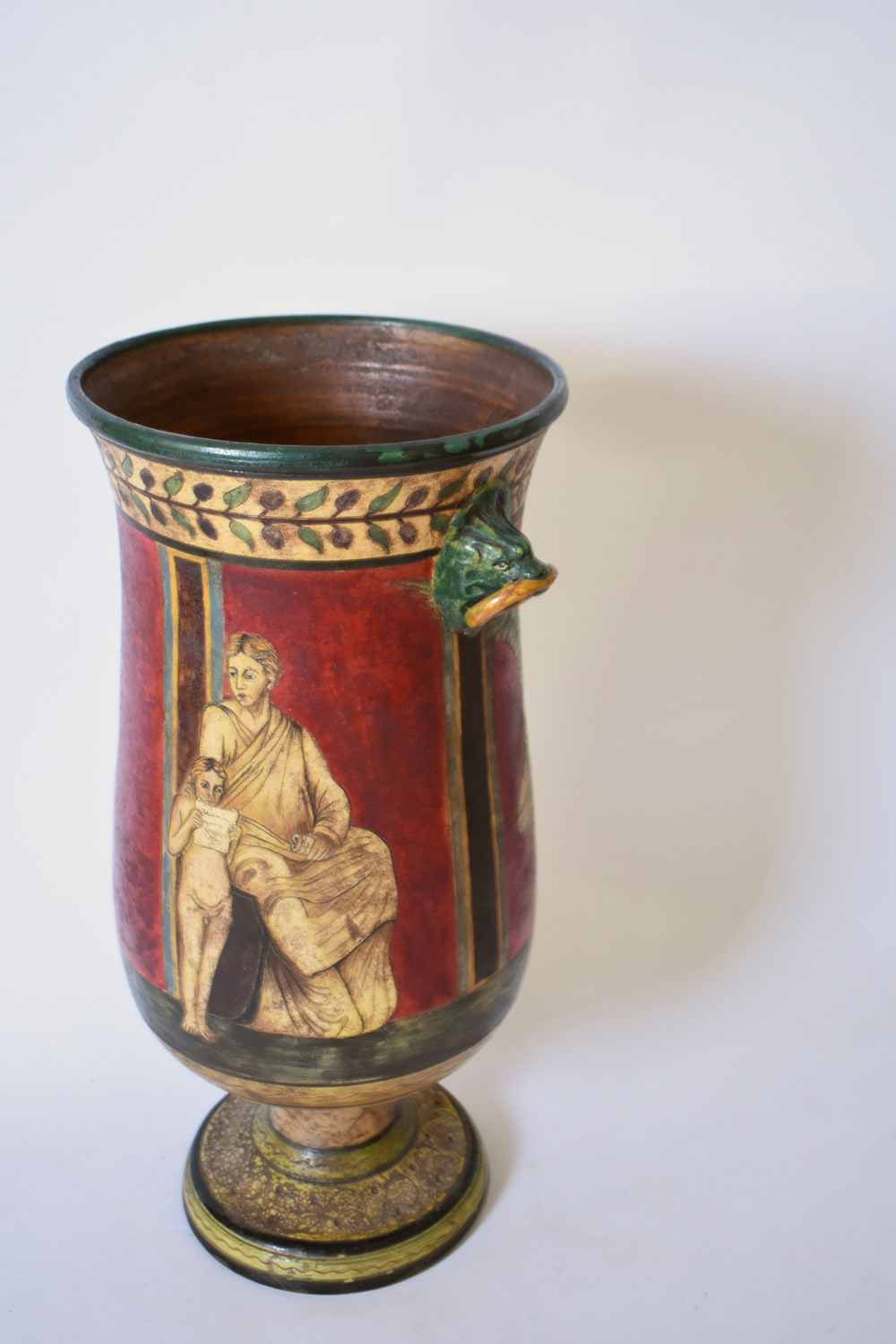 Neoclassical Polychrome Baluster Vase, 1970s — angled view with red and green details