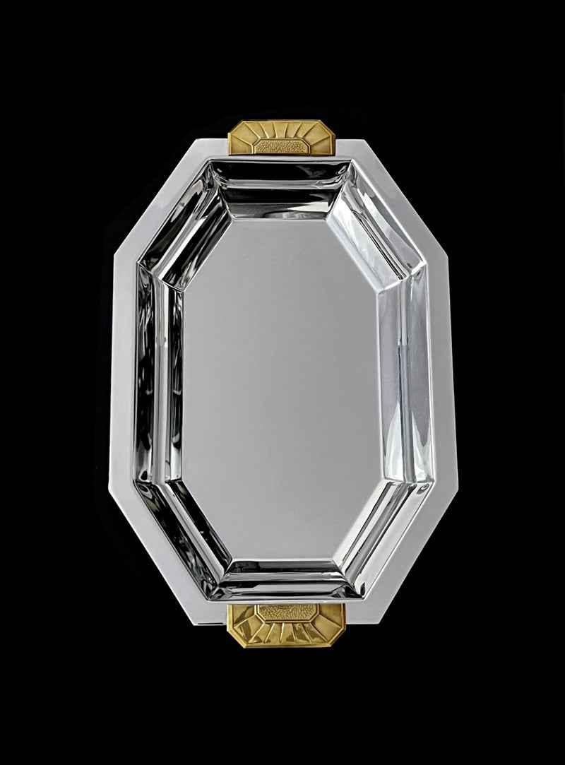 Vintage octagonal stainless steel serving dish with brass handles