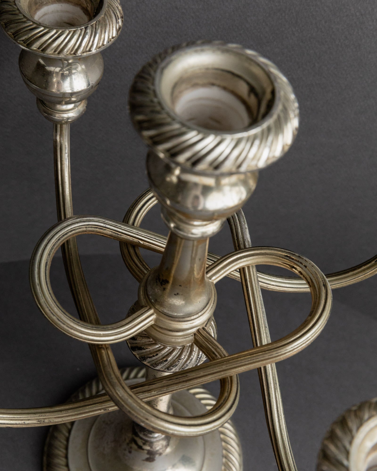 Vintage 1950s Silver Plated Candleholders, Set of 2, Large Five Arm Curved Design — top view highlighting twisted silver arms